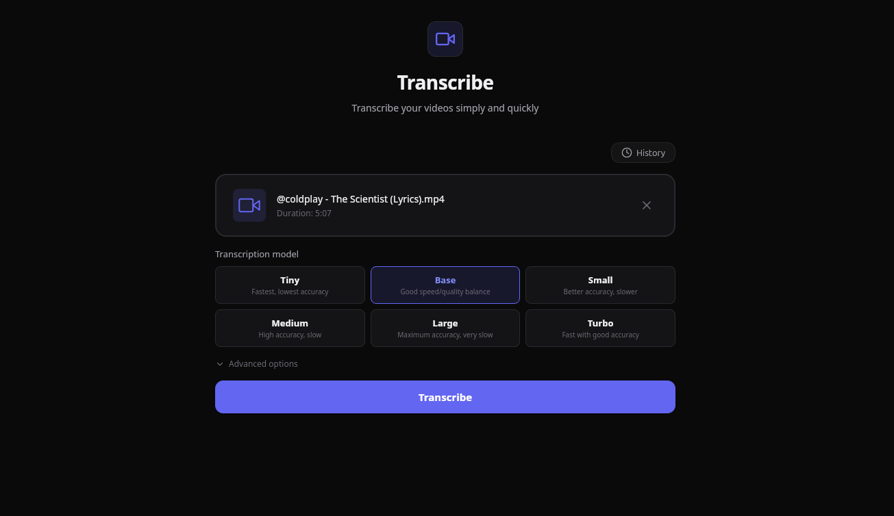 Screenshot do app Transcribe mostrando a interface de upload de video